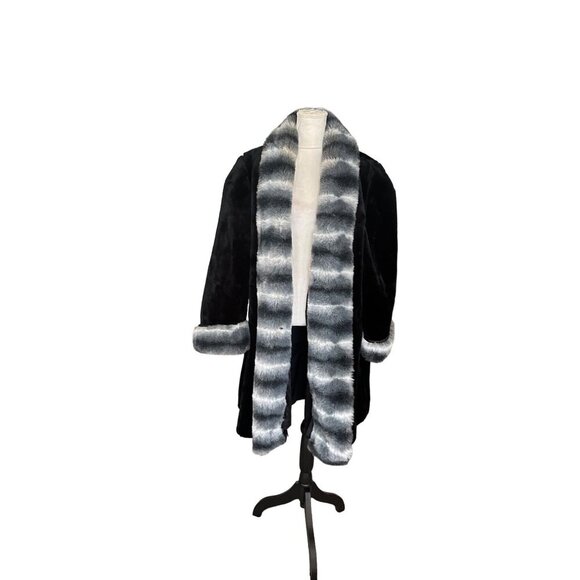 Scandinavian Faux Fur Coat Oversized Grey Striped Fox Mob wife Trim Sz 1X 90s - Picture 2 of 14